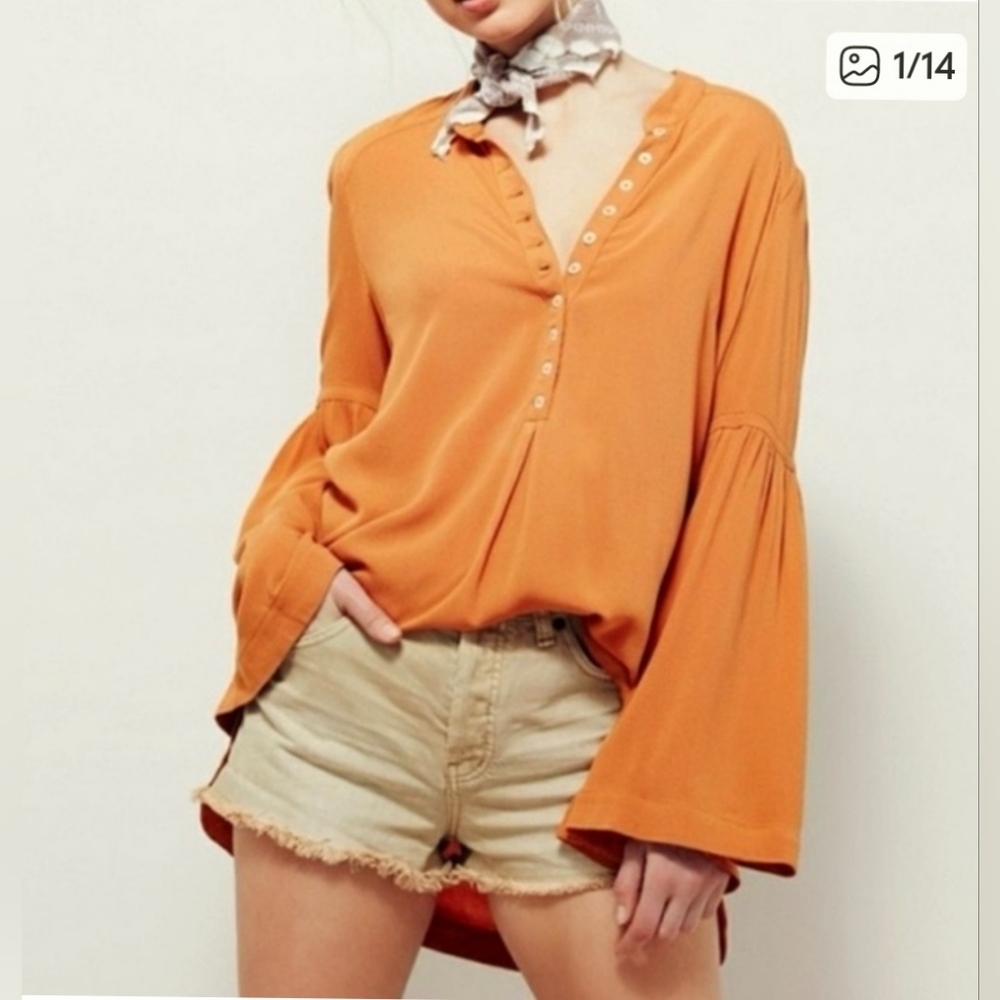 Free People Gold Bell Sleeve Button Front Blouse Flowy Boho Size XS